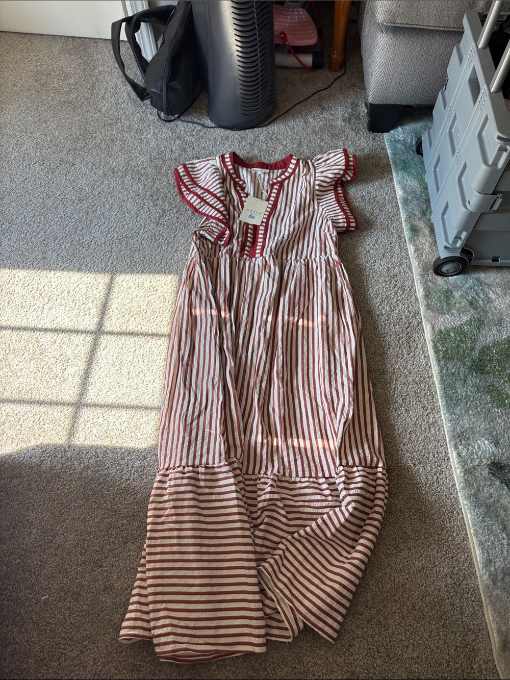 Burnt Orange and White Striped Midi Dress with Ruffle Sleeves